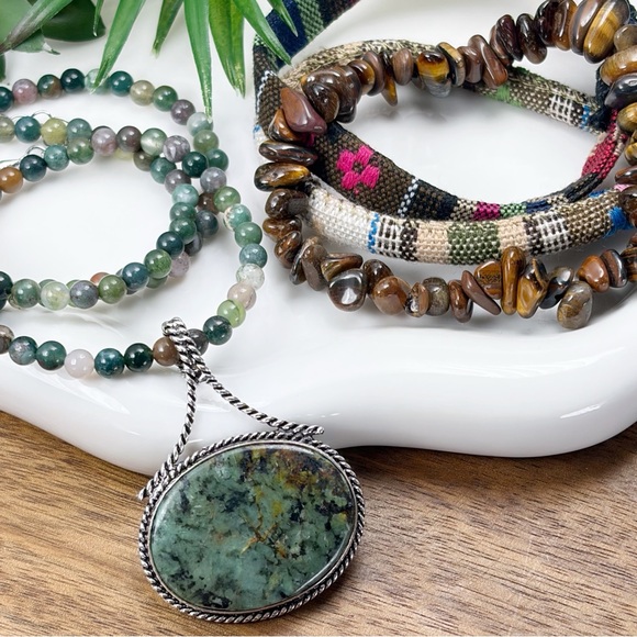 Southwest Jewelry - African Turquoise Pendant Necklace Jewelry Set Lot Sterling Silver 925 Overlay